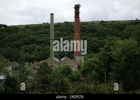 Altes Industriegebäude mit zwei Kaminen zwischen Bäumen Stockfoto