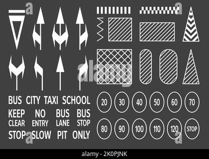 Asphaltschilder. Straßenkarte Toolkit Draufsicht, Crosswalk Verkehr Speedway Ringstraße Autobahn Straßenrand Straßensymbole, Wegmarkierung Plan. Vektor-isolierter Satz Stock Vektor