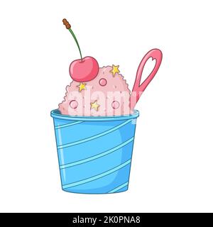 Rosa Eiscreme mit Streuseln, Kirsche und niedlichem Löffel in einem Eimer. Kaltes Dessert aus Milchprodukten. Saisonale Süßspeisen. Farbige Doodle Hand gezeichnet Vektor illustrati Stock Vektor