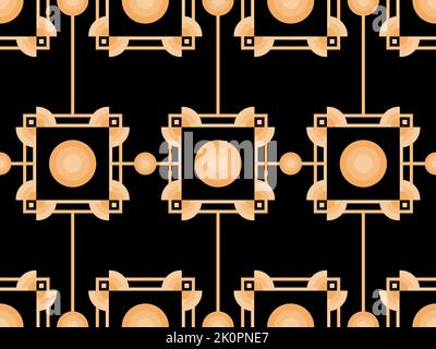 Nahtloses Muster im Art déco-Stil. Goldene Kunstlinie auf schwarzem Hintergrund. Vintage lineare Kunst. Entwerfen Sie eine Vorlage für Tapeten, Banner und Poster. Der Stil o Stock Vektor