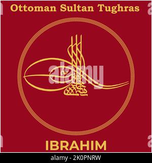 Vektorbild mit Tughra Unterschrift des osmanischen achtzehnten Sultans Ibrahim, Tughra von Ibrahim mit traditionellen türkischen Malerei Hintergrund. Stock Vektor