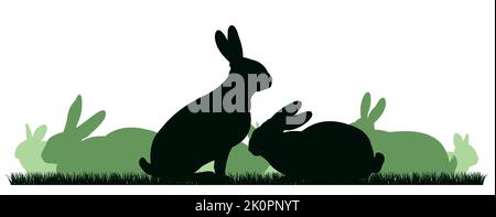 Kaninchen weiden. Bildsilhouette. Ländliche Landschaft mit Bauernhaus. Haustiere auf dem Bauernhof. Pelztiere. Isoliert auf weißem Hintergrund. Vektor Stock Vektor