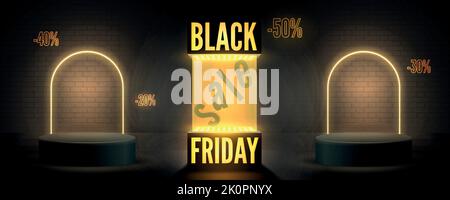 Black friday Rabatt bieten breite Vektor Banner Vorlage. Größter Verkauf des Jahres, traditionelles Shopping-Event. Moderne Neon-Leuchtbox mit Podium-Neonbögen und Rabatten für saisonales Aushang-Poster-Design Stock Vektor