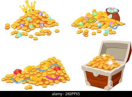 Goldene Münzen Haufen Cartoon. Hölzerne Piratenkiste mit Schmuck und Geld. Goldschatz, Sack mit Edelsteinen. Antike offene Piratenbox für das Spiel. Glänzendes Lux Stock Vektor