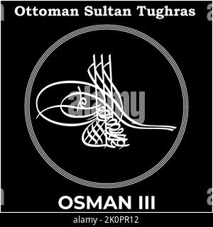 Vektorbild mit Tughra-Signatur des osmanischen fünfundzwanzigsten Sultans Osman III, Tughra von Osman III mit schwarzem Hintergrund. Stock Vektor