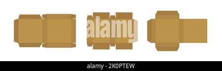 Satz von 3 farbigen Verpackungskartons. Schema der Papierverpackung, geometrisches Modelllayout, Vektorgrafik auf weißem Hintergrund. Stock Vektor