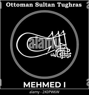 Vektorbild mit Tughra-Signatur des osmanischen Fünften Sultans Mehmed I, Tughra von Mehmed I mit schwarzem Hintergrund. Stock Vektor