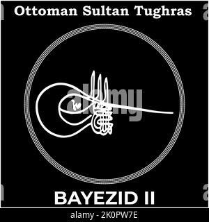 Vektorbild mit Tughra-Signatur des osmanischen Neunten Sultans Bayezid II, Tughra von Bayezid II mit schwarzem Hintergrund. Stock Vektor