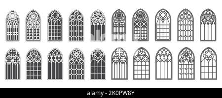 Kirchenfenster gesetzt. Silhouetten von gotischen Bögen in Linie und Glyphe klassischen Stil. Alte Kathedralenglasrahmen. Mittelalterliche Inneneinrichtung. Vektor Stock Vektor