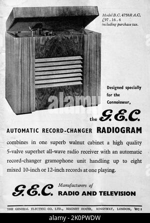 The General Electric Compnay GEC Radio- und Fernsehwerbung London Illustrated News, 1949 Stockfoto