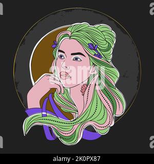 Schönes Porträt eines Mädchens mit Chicano Schmuck und Tattoos, runde Komposition auf dunklem Hintergrund Stock Vektor