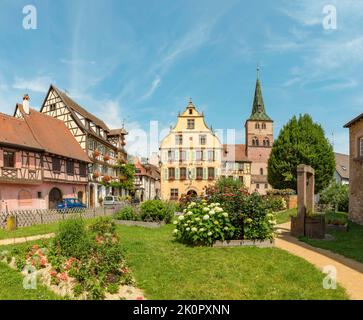 Fachwerkhäuser, Rathaus und Kirche Saint-Anne, Turckheim, Frankreich, Stadt, Dorf, Blumen, Sommer, *** Ortsüberschrift *** Frankreich Stockfoto