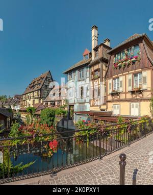 La Petite Venise, Fachwerkhäuser, Colmar, , Frankreich, Stadt, Dorf, Wasser, Blumen, Sommer, *** Lokale Bildunterschrift *** Frankreich Stockfoto