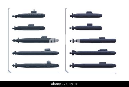 U-Boot-Set. Marine U-Boot-Set ist in einer Seitenansicht isoliert auf einem weißen Hintergrund. Vektorgrafik. Stock Vektor