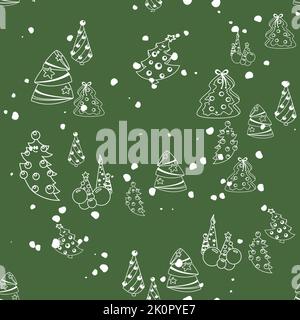 Vektor von Hand gezeichnetes nahtloses Muster. Weihnachten, Winter Doodle Elemente. Isoliert auf weißem Hintergrund. Bäume, Kränze, Geschenke, Süßigkeiten, Lebkuchen Stock Vektor