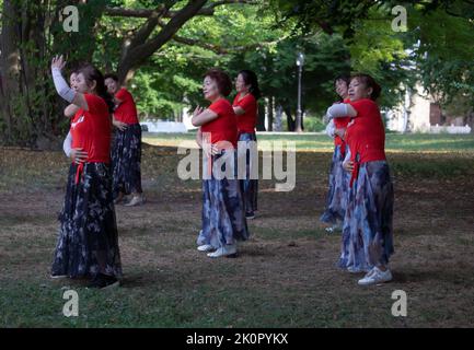 Mittlere und ältere Frauen nehmen an einem täglichen Tanzkurs in Queens, NYC, Teil. Es repliziert eine chinesische Tradition namens yuanji. Stockfoto