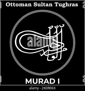 Vektorbild mit Tughra-Signatur des osmanischen Dritten Sultans Murad I, Tughra von Murad I mit schwarzem Hintergrund. Stock Vektor