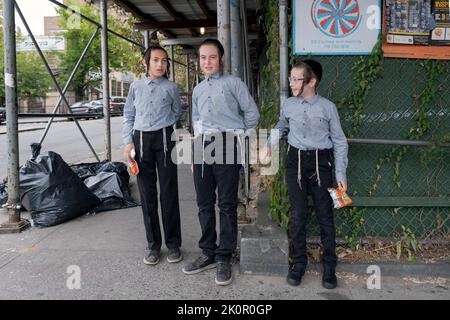 3 orthodoxe jüdische Brüder warten auf ihren Schulbus auf der Lee Avenue in Williamsburg, Brooklyn, New York City. Stockfoto