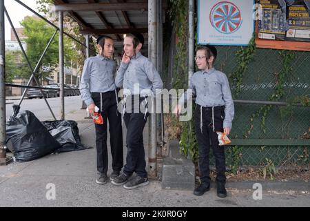 3 orthodoxe jüdische Brüder warten auf ihren Schulbus auf der Lee Avenue in Williamsburg, Brooklyn, New York City. Stockfoto