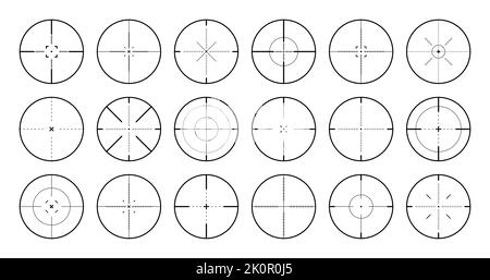 Verschiedene Scharfschützengewehr Visiere, Waffe optischen Scope Fadenkreuz. Sucher für Jagdwaffen. Symbol für das Aufschießzeichen, zielen. Militärisches Zielschild. Spieloberfläche Stock Vektor