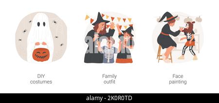 Halloween Kostüme isoliert Cartoon Vektor Illustration Set. Kind trägt DIY Geister Kostüm, Familie Halloween Outfit, wie Skelette und Hexen gekleidet, Gesichtsbemalung, gruselige Make-up-Vektor-Cartoon. Stock Vektor
