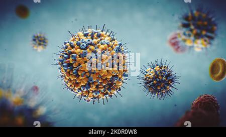 3D Rendering Konzept Animation von Virus früher bekannt als 2019-nCoV unter einem Mikroskop. Virus covid 19 im menschlichen Körper. 3D Animation eines erhöhten Mikroelements zum Virus der Mittelzellen. Stockfoto