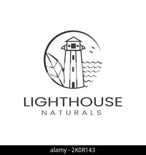 Naturblatt Leuchtturm Illustration Design Logo, Seevektor, Symbol, Symbol, Garage, Vorlage Stock Vektor