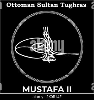 Vektorbild mit Tughra-Signatur des osmanischen 22. Sultans Mustafa II., Tughra von Mustafa II. Mit schwarzem Hintergrund. Stock Vektor