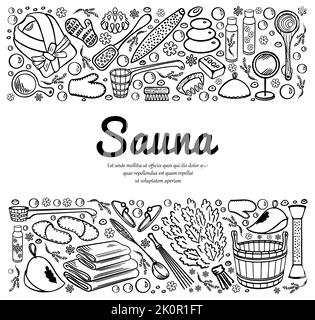 Sauna, SPA und Badezubehör. Skizze von Gegenständen im Doodle-Stil. Beidseitig horizontal dekoriert mit Platz für Text. Auf weißem Hintergrund. Vec Stock Vektor