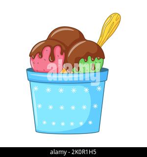 Eiscreme rosa und grüne Kugeln mit Schokoladenvereisung und Holzlöffel in einer Schüssel. Kaltes Dessert aus Milchprodukten. Saisonale Süßspeisen. Farbige Doodle handgezeichnet Vec Stock Vektor