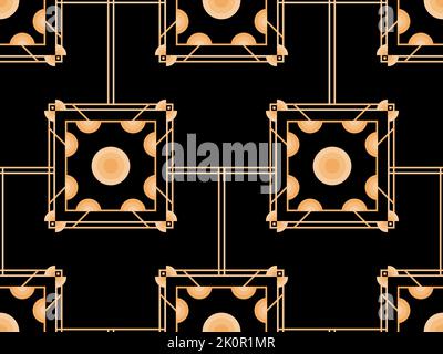 Nahtloses Muster im Art déco-Stil. Goldene Kunstlinie auf schwarzem Hintergrund. Vintage lineare Kunst. Entwerfen Sie eine Vorlage für Tapeten, Banner und Poster. Der Stil o Stock Vektor