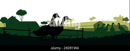 Enten grasen auf der Weide. Bildsilhouette. Haustiere auf dem Bauernhof. Hausgeflügel. Ländliche Landschaft mit Bauernhaus. Isoliert auf weißem Hintergrund. Vektor Stock Vektor