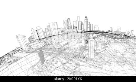 Stadt auf einem kleinen Planeten. Vektorrendering von 3D Stock Vektor