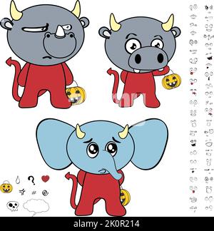 Niedliche halloween Tiere Cartoon Ausdrücke Set Teufel Kostüm im Vektor-Format Stock Vektor