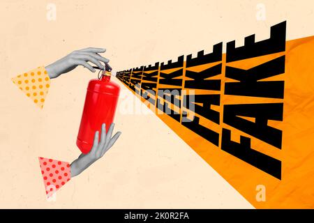 Kreative Foto abstrakt Vorlage Grafiken Collage von schwarzen weißen Armen halten roten Spray kann Fake News isolieren auf beige Farbe Hintergrund Stockfoto