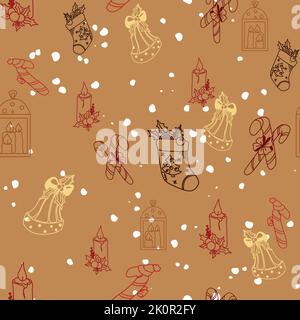 Vektor von Hand gezeichnetes nahtloses Muster. Weihnachten, Winter Doodle Elemente. Isoliert auf weißem Hintergrund. Bäume, Kränze, Geschenke, Süßigkeiten, Lebkuchen Stock Vektor
