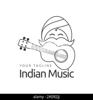 Indisches lächelndes Gesicht Mann Logo Cartoon Illustration Design, Gitarre Symbol, kreisförmige Turban Vektor-Symbol Stock Vektor