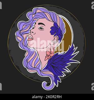 Schönes Porträt eines Mädchens mit Chicano Schmuck und Tattoos, runde Komposition auf dunklem Hintergrund Stock Vektor