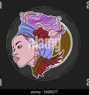 Schönes Porträt eines Mädchens mit Chicano Schmuck und Tattoos, runde Komposition auf dunklem Hintergrund Stock Vektor
