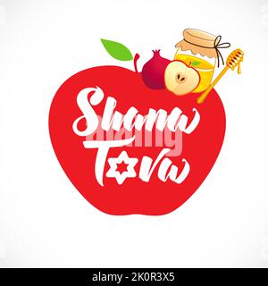 Shana Tova Schriftzug mit Granatapfel und Honig. Frohes neues Jahr, jüdischer Feiertag Rosh Hashanah. Vektorgrafik Stock Vektor