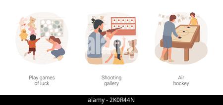 Vergnügungspark Spiele isoliert Cartoon Vektor Illustration Set. Spielen Sie Spiele des Glücks, Familie werfen Darts in Luftballons, Schießgalerie, Air Hockey-Turnier, Vektor-Cartoon. Stock Vektor