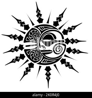 Tattoo-Skizze im maori-Stil von Sonne und Mond. Rundes Tribal-Ornament.. Vektorgrafik Stock Vektor