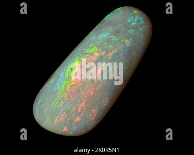 Australische Opal-Edelsteine, aufgenommen auf einem schwarzen Hintergrund, um die wunderschöne Farbe und das Muster dieses Natursteins hervorzuheben. Projekt mit Damien Hirst. Stockfoto
