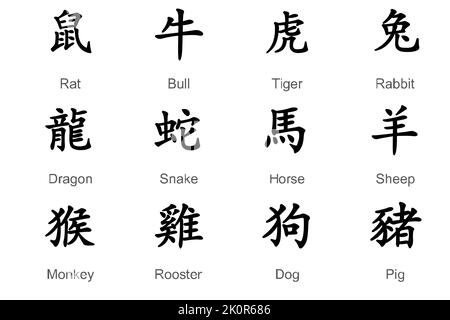 Flache Tierzeichen des chinesischen Tierkreises pro Jahr. Chinesische Sternzeichen Horoskop Symbole Stock Vektor