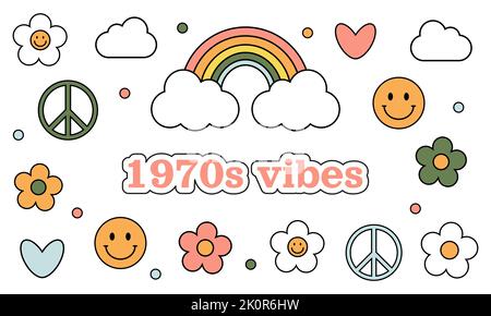 1970 tripy groovy Aufkleber-Set. Gänseblümchen, Herzen, Regenbogen, Lächeln, Symbole Frieden, Wolken auf weißem Hintergrund. 70s vibes Elemente, Cartoon Aufkleber. Gro Stock Vektor