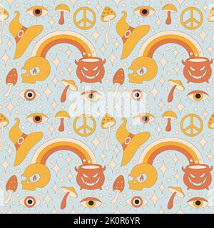 Muster mit Halloween Elementen im Retro 70s Stil. Stock Vektor