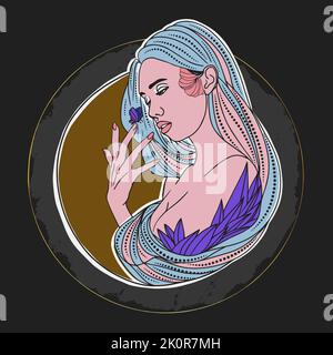 Schönes Porträt eines Mädchens mit Chicano Schmuck und Tattoos, runde Komposition auf dunklem Hintergrund Stock Vektor