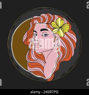 Schönes Porträt eines Mädchens mit Chicano Schmuck und Tattoos, runde Komposition auf dunklem Hintergrund Stock Vektor