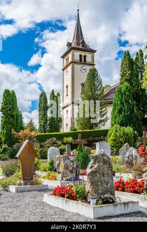 Kirche im schweizer Dorf Grindelwald im Berner Oberland Stockfoto