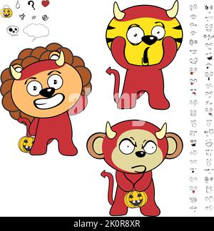 Süße halloween Tiere Cartoon Ausdrücke Set Teufel Kostüm im Vektor-Format Stock Vektor